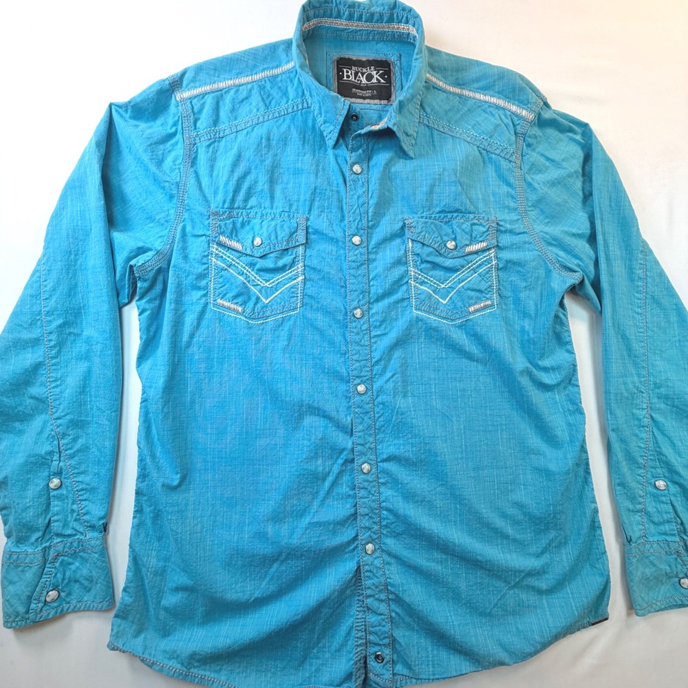Buckle Black Western Pearl Snap Shirt Mens Large Blue Contrast Stitch Y2K Rodeo